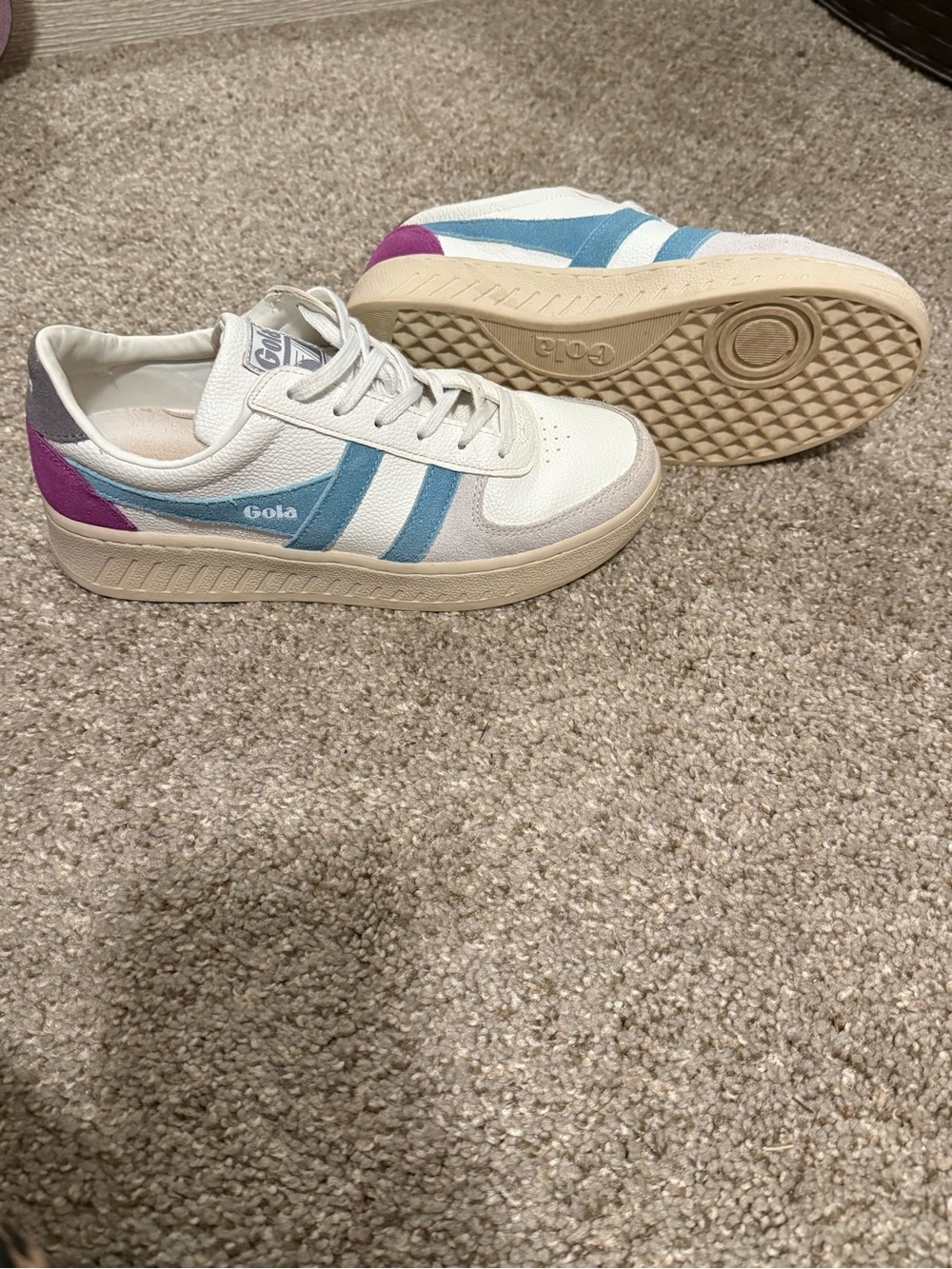 Gola Women's White Sneakers with Blue Stripes and Purple Heel Accent
